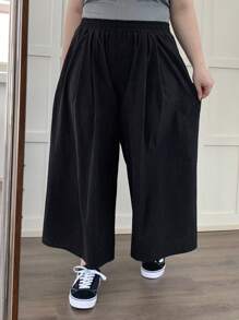 Dazy Plus 加大码弹性腰部纯色阔腿七分裤，商务休闲，四季秋季 - 黑色 - 查看 5