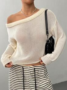 Flirla Women's Solid Color Asymmetric Neckline Long Sleeve Vacation Pullover Sweater Knit Pullover Fall Winter Sweater - Apricot - View 1