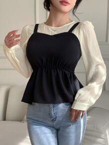 DAZY 女士休闲撞色拼布长袖衬衫，秋季女装