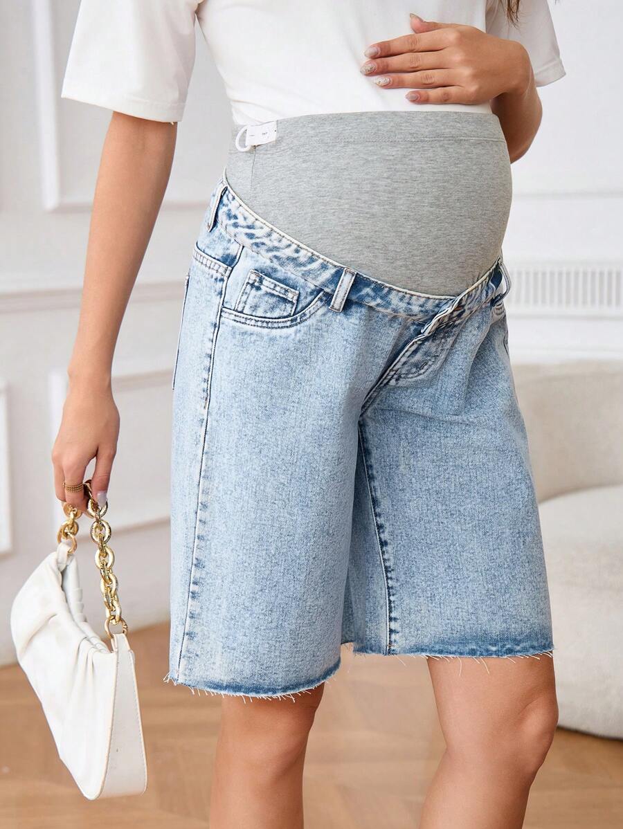 SHEIN Maternity Front Button Pocket Simple Denim Shorts, Casual Everyday Wear Women Autumn Outfits