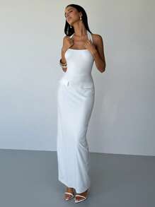 Aloruh 女士休闲日常装立领系带修身直筒长款白色连衣裙 - 白色 - 查看 4