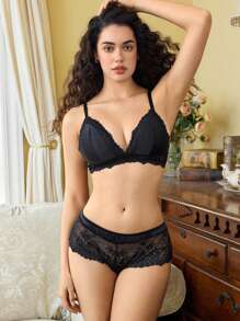 Charlaine French Style Lightweight Wireless Triangle Cup Lingerie Bra Set - Black - View 3