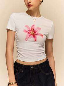 Poéselle Women Floral Print Round Neck Short Sleeve Casual T-Shirt - White - View 4