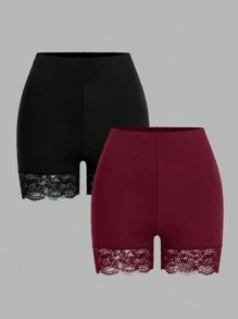 SHEIN Essnce 2 件女式加大码蕾丝拼布短款紧身裤 - 酒紅色 - 查看 2