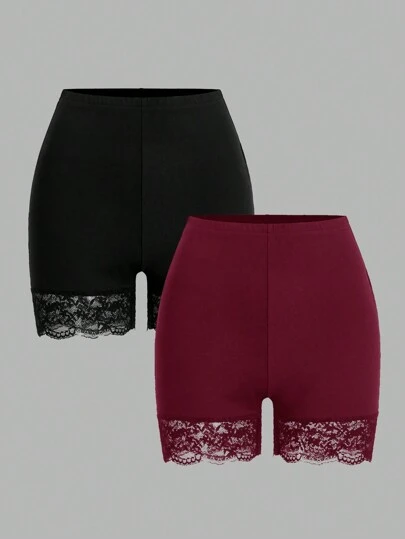 SHEIN Essnce 2pcs Women Plus Size Lace Patchwork Short Leggings