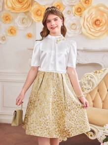 Tween Girls 2 Pieces Set: Satin Puff Sleeve Blouse + Jacquard Mini Skirt - White - View 5