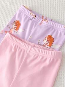 4pcs/Set Baby Girl Cartoon Minimal Pattern Round Neck Short Sleeve Top And Leggings Comfortable Casual Sleepwear Set - Multicolor - View 3