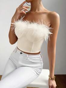 Zolique Women's Solid Color Furry Patchwork Cropped Top, Fitted And Fashionable - Apricot - View 4