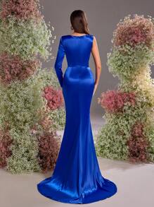 Glamrae 优雅华丽蓝色弹力缎面异形胸前贴片水钻链条不对称肩长袖紧身鱼尾支撑婚礼宾客礼服，适合晚宴单身派对约会度假节日返校季婚礼活动晚礼服，正式礼服