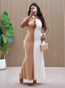 Slaydiva Plus Size Elegant Casual Patchwork Color Block Dress - Multicolor - View 4