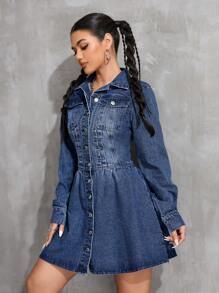 SHEIN PETITE Women's Long Sleeve Single-Breasted Casual Denim Dress - Blue - View 6
