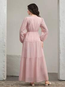Graceveil Lightweight & Flowing V-Neck Lantern Sleeve Swing Dress, Arabic Style,Modest - Pink - View 6