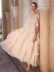 Chiquease Váy chữ A vải organza nhiều lớp không tay cổ chữ V thanh lịch có viền xếp nếp cho nữ - Màu be - Xem 1