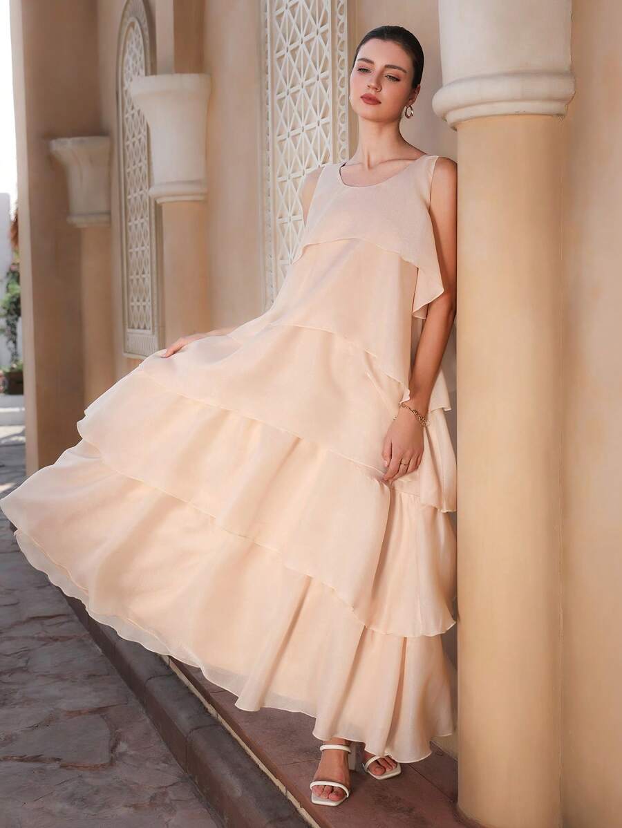 Chiquease Váy chữ A vải organza nhiều lớp không tay cổ chữ V thanh lịch có viền xếp nếp cho nữ - Màu be - Xem 1