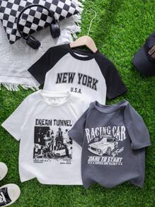 SHEIN Leap Crew Bộ 3 áo thun ngắn tay cổ tròn phối màu, kiểu dáng đường phố, giá cả phải chăng dành cho bé trai, phù hợp đi làm, đi học, mặc hàng ngày, chơi thể thao, mùa xuân/hè. - Đen và trắng - Xem 1