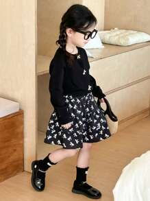 DAZY Young Girl Bow Decor Long Sleeve Top And Mini Skirt, Casual Set - Black - View 4