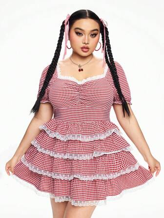 Kawaii Plus Size Women Summer Plaid Puff Sleeve Multilayer Ruffle Hem Dress