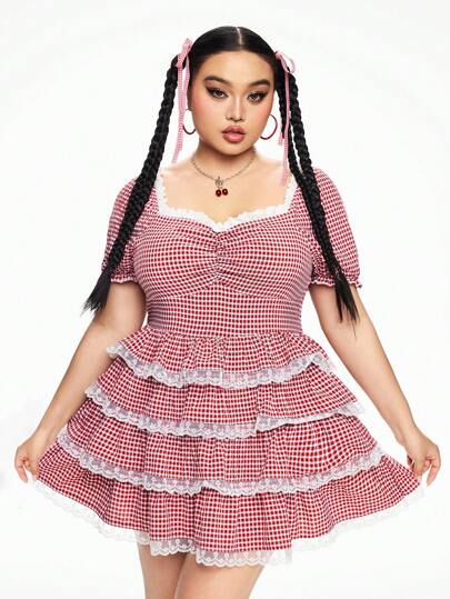 Kawaii Robe grande taille femme d'été à manches bouffantes imprimé à carreaux, avec volants multicouches sur l'ourlet