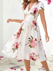 Ellevyn Robe midi évasée à imprimé floral avec col en V élégant pour femmes, avec ceinture, convient pour les vacances de printemps/été
