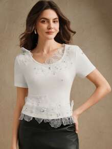 Anewsta Blusa elegante de cuello redondo con aplicaciones de flores 3D, pedrería y bordados florales, de corte slim, adecuada para el Día de San Valentín, vacaciones de verano y Año Nuevo