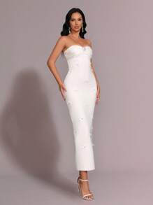 Glamrae 优雅奢华白色手工水晶装饰褶皱胸围无袖紧身长款正式晚礼服，礼服 - 白色 - 查看 5