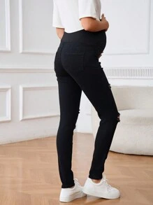 SHEIN Adjustable Waist Maternity Ripped Distressed Skinny Jeans - Black - View 2