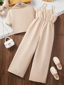 SHEIN Conjunto de niña preadolescente con top de manga corta de unicolor y elegante y mono de tirantes tipo spaghetti