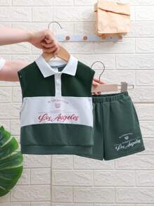 SHEIN Leap Crew Baby Jungen & Baby Mädchen legeres College-Stil bequemes, modisches und vielseitiges, locker sitzendes, weiches Baumwolle Polo T-Shirt ohne Ärmel und Short Set, mehrfarbige Patchwork-Optik mit kontrastierendem Buchstaben Muster, geeignet für Frühling/Sommer - Verschiedenfarbig - Übersicht 5