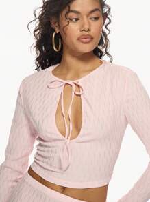 MISSGUIDED Ribbed Knit Tie Front Keyhole Crop Top And High Waist Maxi Skirt Set Co-Ord Winter Holiday Party Evening Wear - Baby Pink - View 5