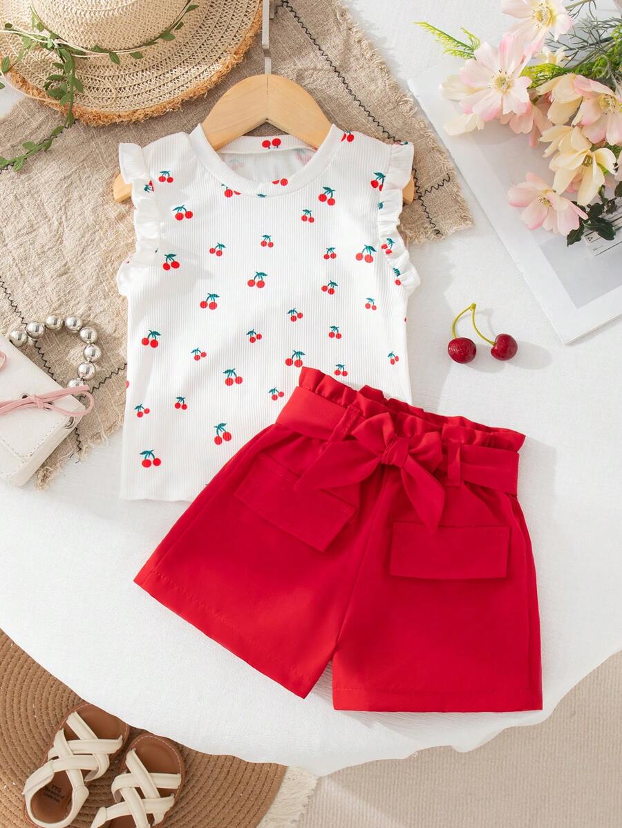 SHEIN Elladie kids 年轻女孩夏季新款可爱樱桃印花圆领无袖背心和宽松直筒短裤配腰带，舒适休闲度假装