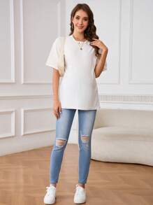 SHEIN Maternity Solid Color Patchwork Front Button Pocket Distressed Casual Jeans Summer Outfits For Women Skinny Jeans For Women