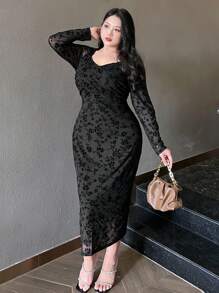 Dazy Petite Plus Plus Size Flocked Print & Mesh Splice Wrap Elegant Long Dress, Black, Spring/Fall 90s Clothes Floral Long Sleeve Dress - Black - View 3