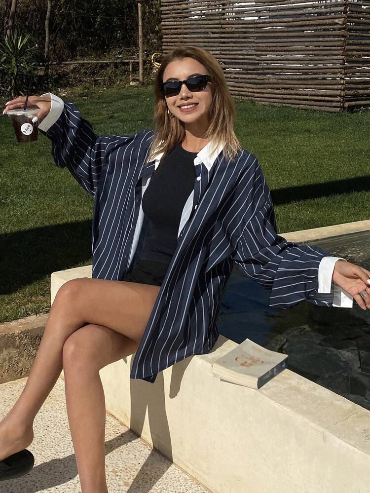 Women's Colorblock Striped Loose Long Sleeve Business Casual School Uniform Shirt