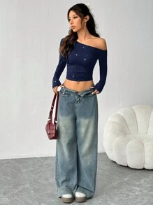 SHEIN EZwear Navy Blue Women Knitted Oblique Shoulder Ruched Long Sleeve T-Shirt