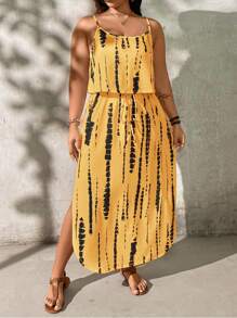 SHEIN LUNE Plus Size Tie-Dye Waist Slit Camisole Dress, Skin-Friendly - Yellow - View 4