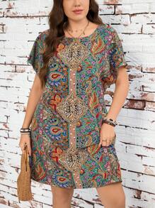 SHEIN LUNE Plus Size Women's Summer Bohemian Print Crew Neck Short-Sleeved Dress Boho/Bohemian,Holiday Outfits,Resort Dresses,  Outdoor Essential For Daily Wear Sundress - Multicolor - View 9