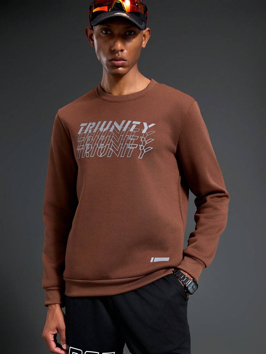 Manfinity Sport Corelite 男士圆领长袖字母印花休闲运动卫衣 - 咖啡棕 - 查看 1