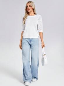 Wildy 女士休闲刺绣泡泡袖华夫格 T 恤，优雅度假和户外穿着