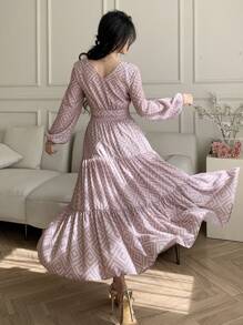 DAZY 2pcs Set Bohemian Style V-Neck Drawstring Blouse And Elastic Waist Mid-Length Skirt
