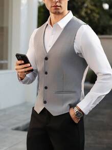 Manfinity Bizformal 男士简约纯色休闲日常背心 - 灰色 - 查看 3