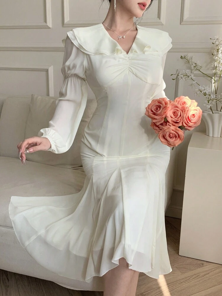 Plain V-Neck Ruffle Hem Midi Dress For Women,Fall Dress Long Sleeve Dress