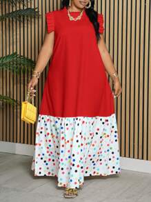 Slaydiva Plus Size Loose Solid White Spliced Colorful Polka Dot Sleeveless Ruffle Trim Spliced Stand Collar Long Dress For Women, Spring/Summer - Red - View 3