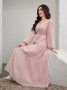Graceveil Lightweight & Flowing V-Neck Lantern Sleeve Swing Dress, Arabic Style,Modest - Pink - View 5