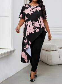 SHEIN Lady Spring And Summer Elegant Commuting Office Casual Boho Colorful Woven Round Neck Asymmetrical Short Sleeve Plus Size T-Shirts Summer Summer Outfits For Women Vacation Outfits Woman Summer Tops Beach Outfits For Woman Summer Clothes Women Boho Women Clothing Beach Outfits Bohemian Plus Size Summer Clothes Summer Tops Women Tops Summer Vacation Tops