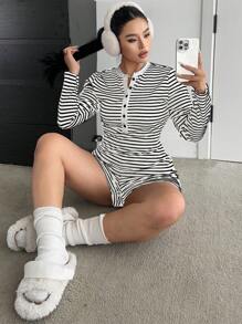 SHEIN MOOSTA Black & White Striped Round Neck Long Sleeve T-Shirt With Stylish Shorts Set - Multicolor - View 6