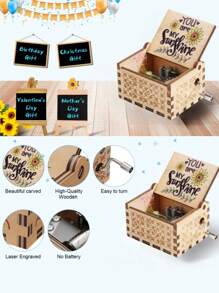 1pc Wooden Music Box, Modern Floral & Slogan Graphic Eight Tone Box For Home Best Gifts - Brown - View 3