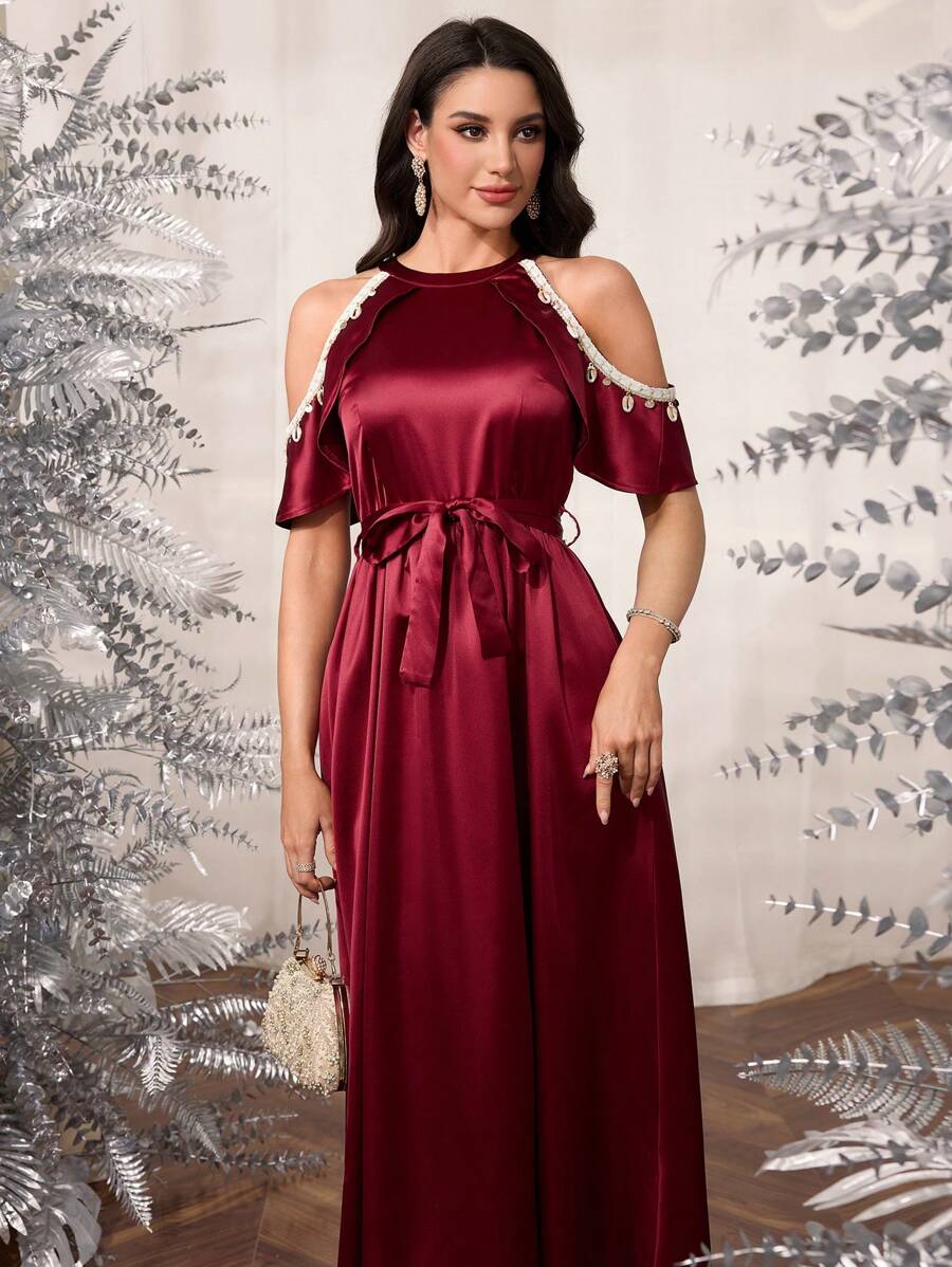 Modelyn Women Elegant Round Neck Off Shoulder Sleeve Splice Decor Belted Waist Dress - Red - View 1