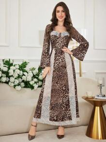 Modelyn Women's Long Leopard Print Lace Patchwork Flared Elegant Dress - Multicolor - View 6