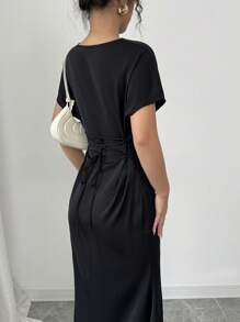 RosyDaze Đầm đuôi cá trễ vai màu trơn thanh lịch & lãng mạn, cổ xếp nếp, thắt eo cho nữ, đầu mùa xuân - màu đen - Xem 2