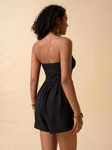 SHEIN VCAY بدلة قصيرة للنساء بلون صلب و ياقة مكشوفة مع عقدة مربوطة - الأسود - مشاهدة 2